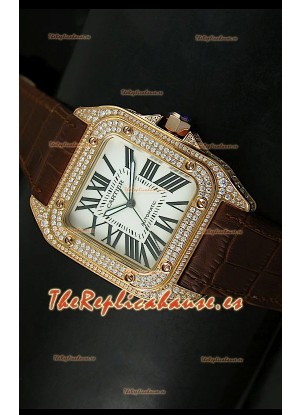 Cartier Santos 100, Réplica en escala 1:1, Reloj color Oro Rosado con Diamantes, tamaño 42MM