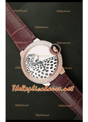 Ballon De Cartier Reloj de Oro Rosa con Esfera de Leopardo y Correa Marrón 