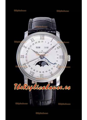 Blancpain "Villeret Quantième Complet" Reloj de Acero Suizo 904L con Dial en Blanco apagado