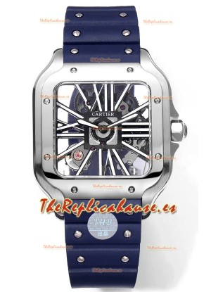 Santos De Cartier Reloj Dial Skeleton - Caja Acero Inoxidable Correa de Goma Azul