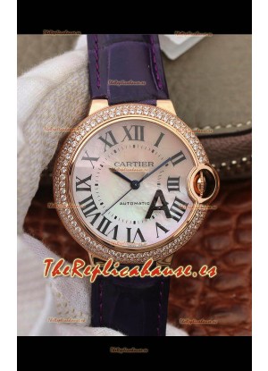 Ballon De Cartier Reloj Réplica Suizo Automático Calidad a Espejo 1:1 Caja de Oro Rosado con Correa Morada 36MM