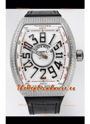 Franck Muller Vanguard Crazy Hours Caja Acero Inoxidable Diamantes - Dial Blanco Reloj Réplica Suizo