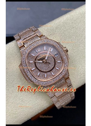 Patek Philippe Nautilus 7010 Pavimentado en Diamantes Oro Rosado 32MM Réplica Espejo 1:1 - Diamantes Genuinos