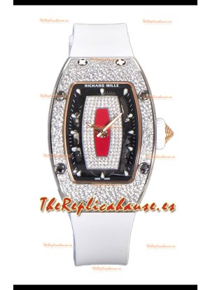 Richard Mille RM007 Reloj Suizo Superclone Acero 904L Dial Rojo Diamantes Pavimentados Correa Blanca