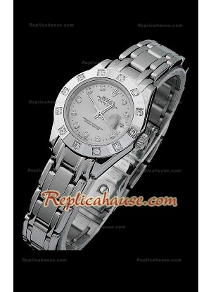 Rolex Datejust Reproducción Reloj Suizo para Señoras con Esfera Gris y Marcadores de Hora en Diamantes