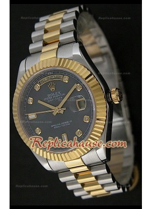 Rolex Daydate Reproducción Reloj Japonés Dos Tonos con Esfera de color Negro 