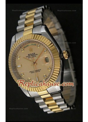 Rolex Replica Daydate Reloj Japonés Dos Tonos con Esfera de Oro 