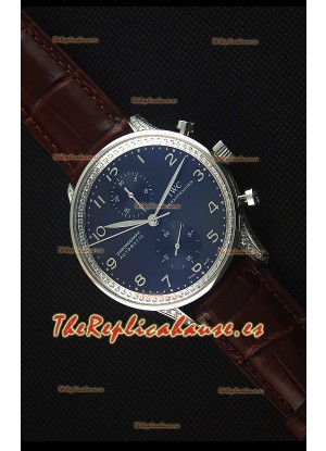 IWC Portuguese  Reloj Replica Cronógrafo a Espejo 1:1 Dial Negro Correa Marrón con Diamantes