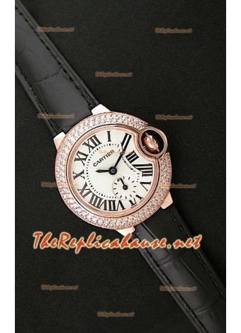 Ballon De Cartier Reloj para Señoras en Oro Rosa con Correa de Piel Negra 