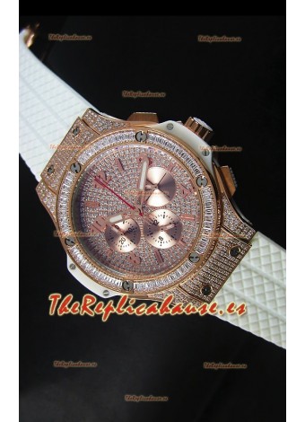 Hublot Big Bang Reloj en Oro Rosado Movimiento de Cuarzo en Correa Blanca