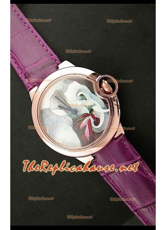 Ballon De Cartier Reloj de Oro Rosa con Esfera de Elefante y Correa Lila 