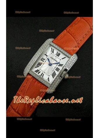Cartier Tank Française para damas malla bisel de diamantes estuche de acero.