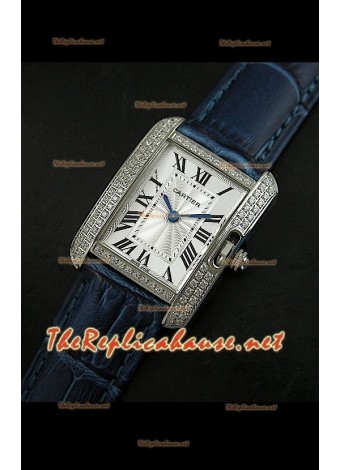 Cartier Tank Française para damas malla bisel de diamantes estuche de acero.