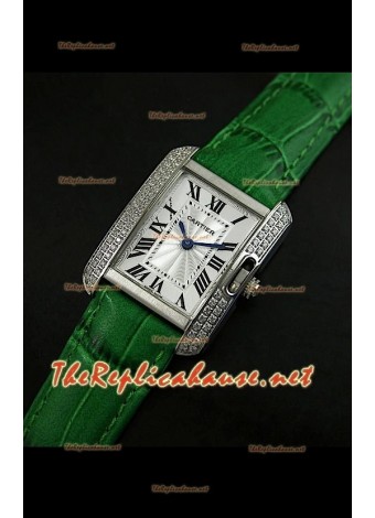 Cartier Tank Française para damas malla bisel de diamantes estuche de acero.
