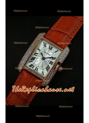 Cartier Tank Française para damas malla bisel de diamantes estuche dorado