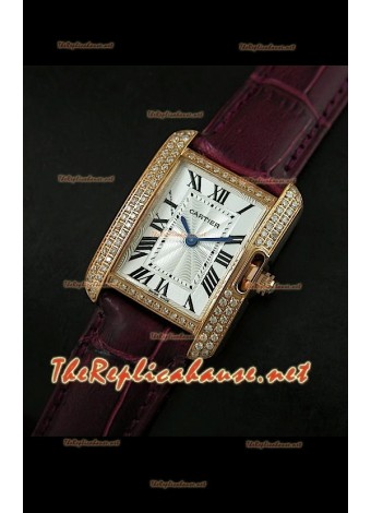 Cartier Tank Française para damas malla bisel de diamantes estuche dorado.