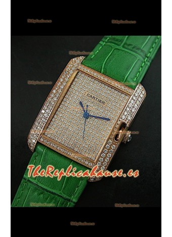 Cartier Tank Anglaise para damas Réplica Cascasa de oro/Malla verde 