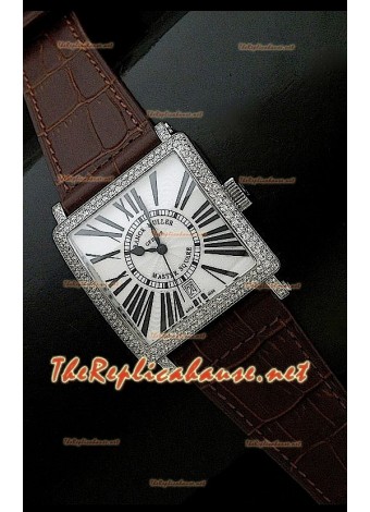 Franck Muller Master Square Reloj en Correa Marrón Oscuro y Esfera Blanca