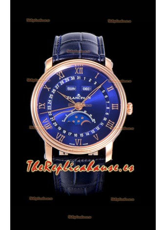 Blancpain "Villeret Quantième Complet" Reloj en Acero 904L Oro Rosado Dial Azul
