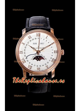 Blancpain "Villeret Quantième Complet" Caja de Acero 904L chapada en Oro Rosado Dial Blanco