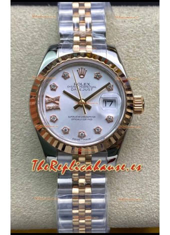 Rolex Datejust 28MM Réplica Suizo en Caja de Acero 904L Oro Rosado Dos Tonos Dial Blanco -  Réplica a Espejo 1:1