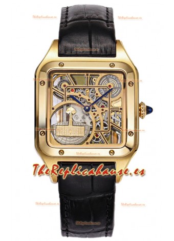 Cartier Santos Dumont Reloj Skeleton Oro Amarillo Correa en Piel Negra 43.5MM