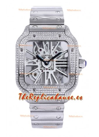 Santos De Cartier Reloj con Dial Skeleton - Bisel Diamante Caja y Correa en Acero Réplica Suiza