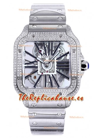 Santos De Cartier Reloj con Dial Skeleton - Bisel Diamante Caja y Correa en Acero Réplica Suiza