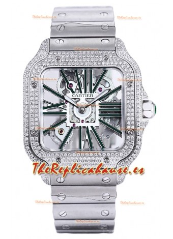 Santos De Cartier Reloj con Dial Skeleton - Bisel Diamante Caja y Correa en Acero Réplica Suiza