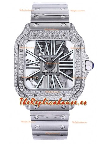 Santos De Cartier Reloj con Dial Skeleton - Bisel Diamante Caja y Correa en Acero Réplica Suiza