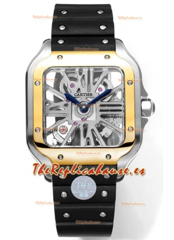 Santos De Cartier Reloj Dial Skeleton - Bisel Dos Tonos Correa Goma