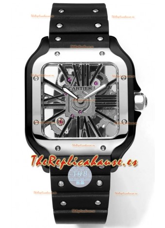 Santos De Cartier Reloj Dial Skeleton - Caja y Correa Acero revestida en DLC Correa de Goma