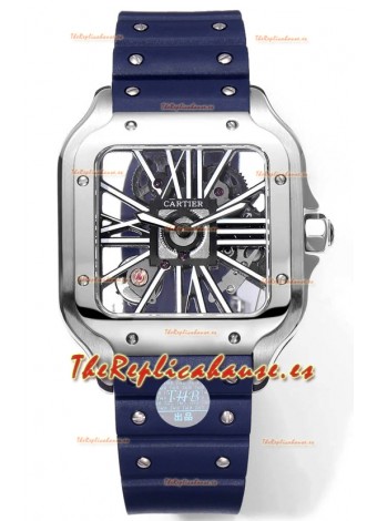 Santos De Cartier Reloj Dial Skeleton - Caja Acero Inoxidable Correa de Goma Azul
