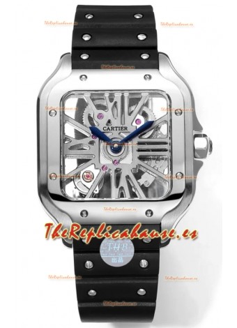 Santos De Cartier Reloj Dial Skeleton - Caja Acero Inoxidable y Bisel Negro Correa Goma