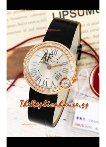 Ballon Blanc De Cartier Reloj Réplica Cuarzo Suizo Bisel Diamantes Caja Oro Rosado Correa Piel
