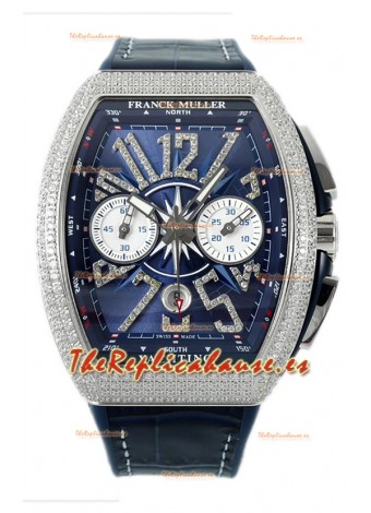 Franck Muller Vanguard V45 Chronograph Acero 904L Dial Azul con Diamantes Reloj Suizo