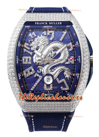 Franck Muller Vanguard Yachting Dragon V45 Dial Azul en Bisel Diamantes Réplica Suiza