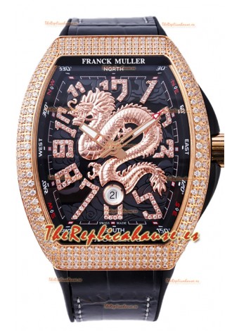 Franck Muller Vanguard Yachting Dragon V45 Dial Negro en Bisel Dorado Diamantes Réplica Suiza