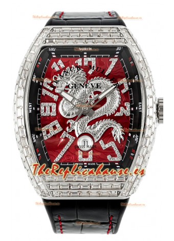 Franck Muller Vanguard Yachting Dragon V45 Dial Rojo con Bisel Cuadrado Diamantes Réplica Suiza