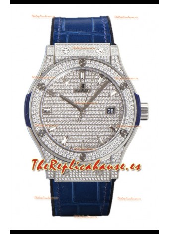 Hublot Classic Fusion Automático Dial Acero pavimentado en Diamantes Correa Azul 42MM Reloj Superclone Réplica 