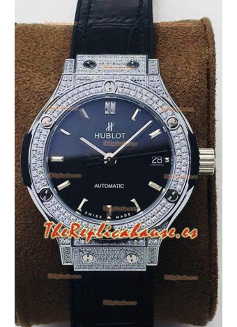 Hublot Classic Fusion Diamonds Acero Dial Negro 38MM Reloj Réplica Suizo Calidad Espejo 1:1