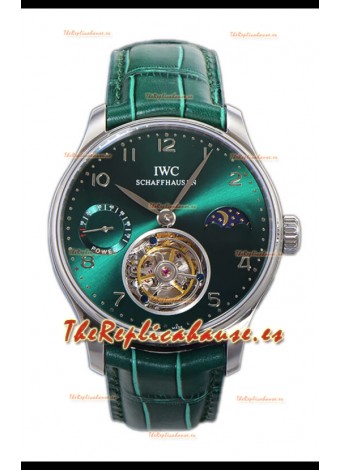 IWC Portugese Hand-Wound Genuino Tourbillon Dial Verde Caja Acero Reloj Réplica Suiza 