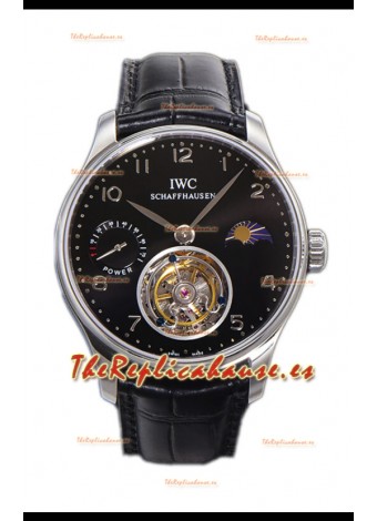 IWC Portugese Hand-Wound Genuino Tourbillon Dial Negro Caja Acero Reloj Réplica Suiza 