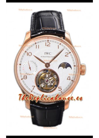 IWC Portugese Hand-Wound Genuino Tourbillon Dial Blanco Caja Oro Rosado Reloj Réplica Suiza 
