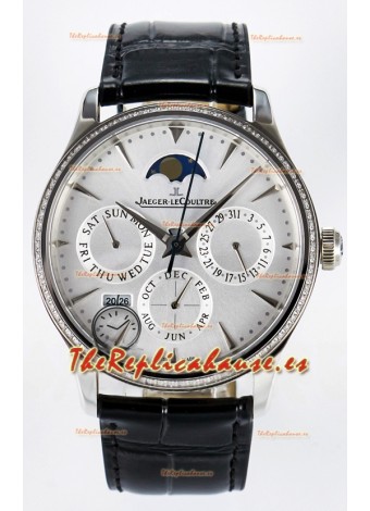 Jaeger LeCoultre Super Clone Master Ultra Thin Calendario Perpetuo Dial Blanco Diamonds Watch