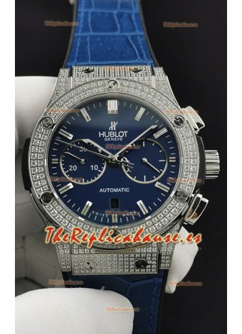 Hublot Classic Fusion Chronograph Caja Acero Diamantes Dial Azul Reloj Réplica a Espejo 1:1