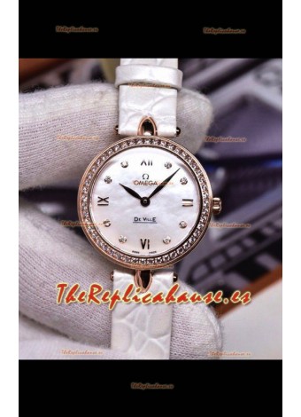 Omega De Ville Edición Prestige Dewdrop Reloj Cuarzo Suizo en Oro Rosado Correa Blanca