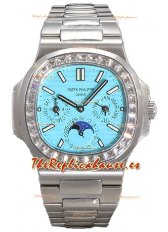 Patek Philippe Nautilus 5740 Perpetual Calendar Oro Blanco Dial Tiffany Bisel Diamantes Reloj Réplica Suiza 
