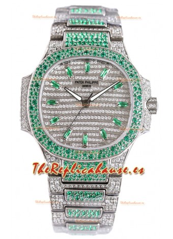 Patek Philippe Nautilus 7118R 35MM 1:1 Reloj con Diamantes Verdes Pavimentados en Caja Acero