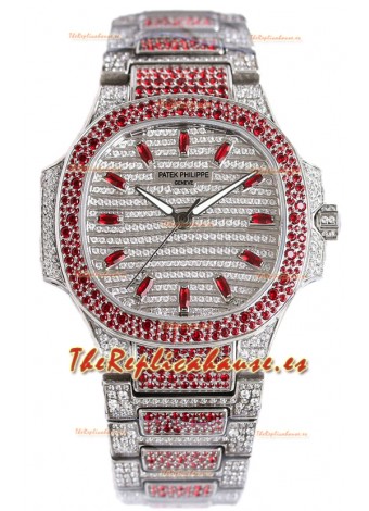Patek Philippe Nautilus 7118R 35MM 1:1 Reloj con Diamantes Rojos Pavimentados en Caja Acero